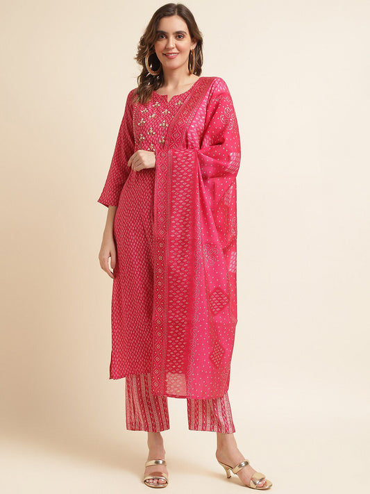 Dhiyona IS Women's Pink Printed Regular Sequinned Kurta with Trousers & Dupatta