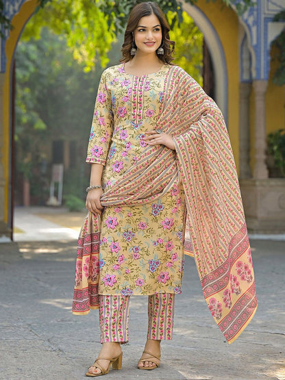 Dhiyona KL Women Floral Printed Regular Kurta with Trousers & With Dupatta