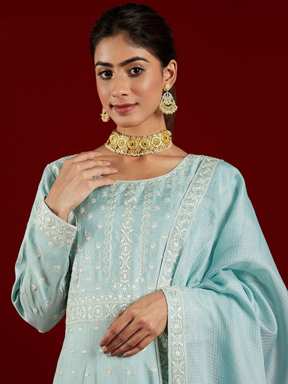 Dhiyona LL Floral Embroidered Panelled Sequinned Pure Silk Kurta with Palazzos & Dupatta