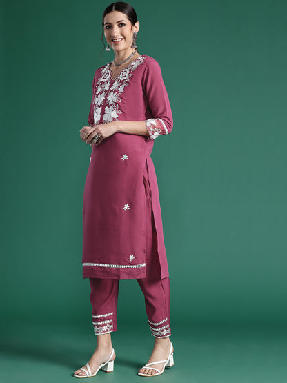 Floral Embroidered Thread Work Kurta with Trousers & Dupatta