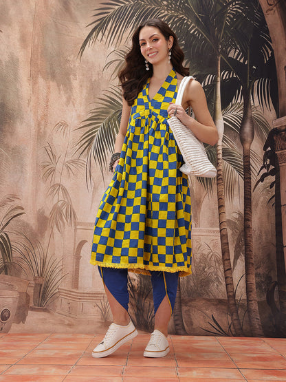 Checked Halter Neck Empire Style Pure Cotton A-Line Fusion Republic Day Kurta with Dhoti Pants