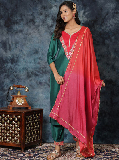 Women Cotton Silk Embroidered Straight Kurta Salwar With Dupatta Set