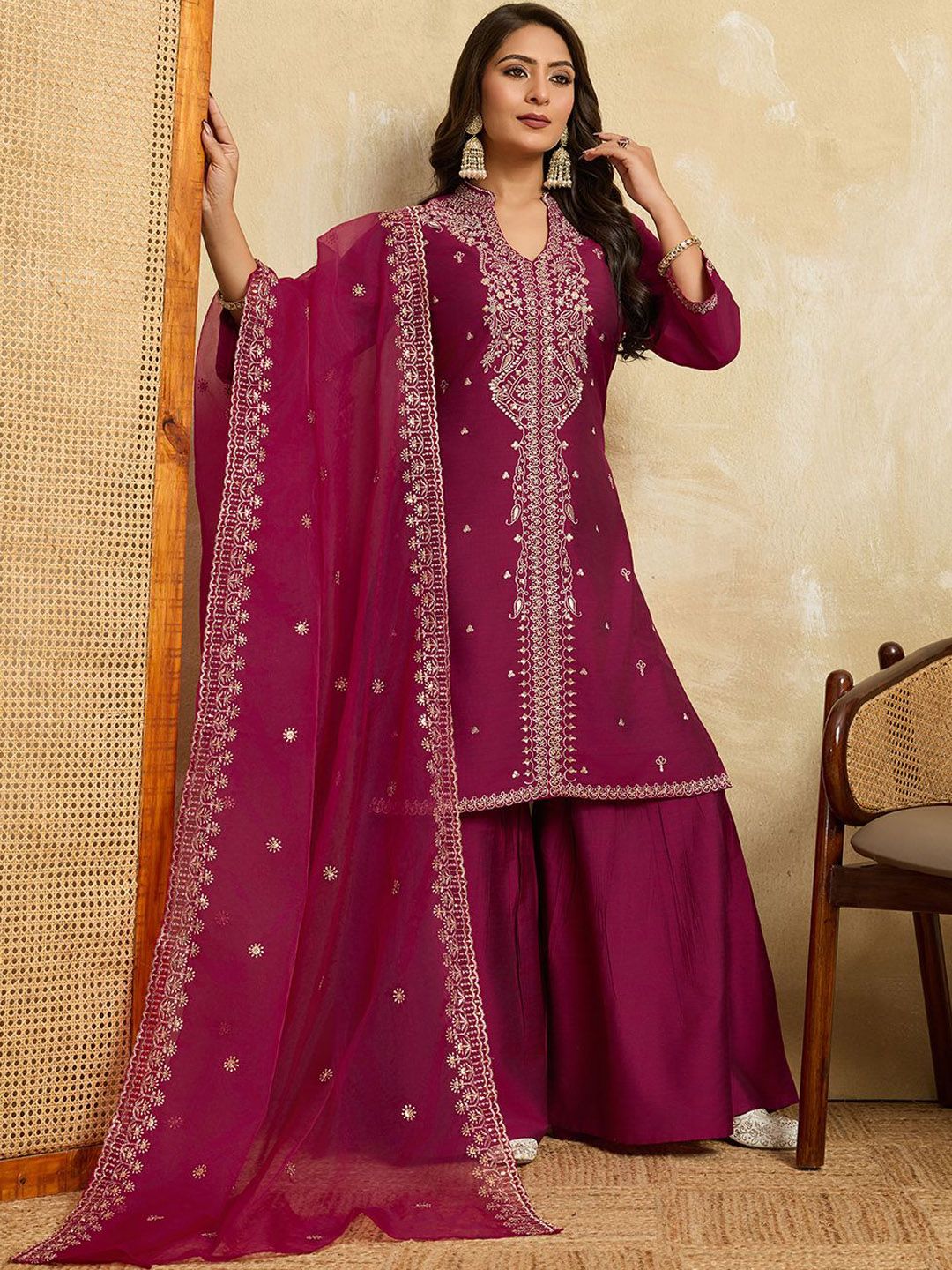 Dhiyona HOP Floral Embroidered Mandarin Collar Sequinned Kurta With Sharara & Dupatta