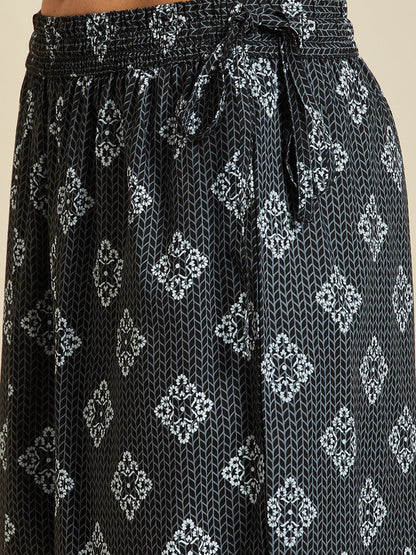 Grey Floral Printed A-Line Kurta With Palazzos