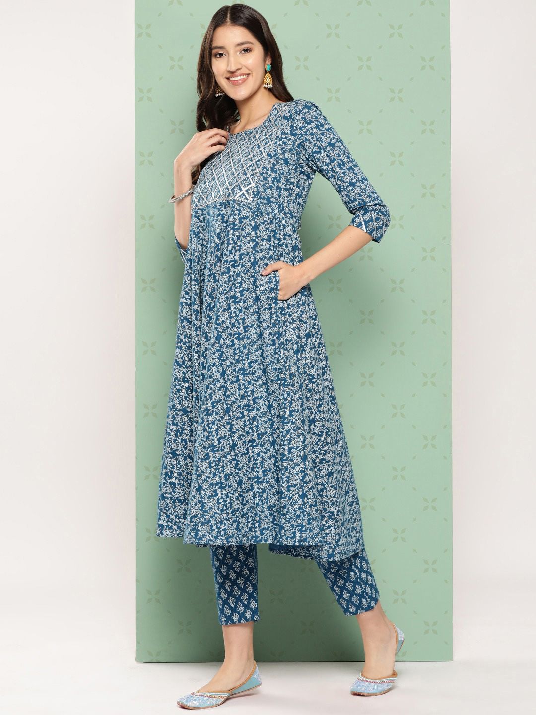 Dhiyona KL Ethnic Motifs Printed Pure Cotton Anarkali Kurta with Trousers & Dupatta