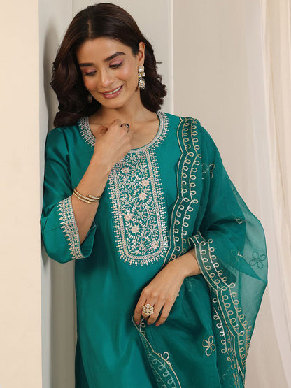 Floral Yoke Design Sequinned Straight Kurta With Trousers And Dupatta