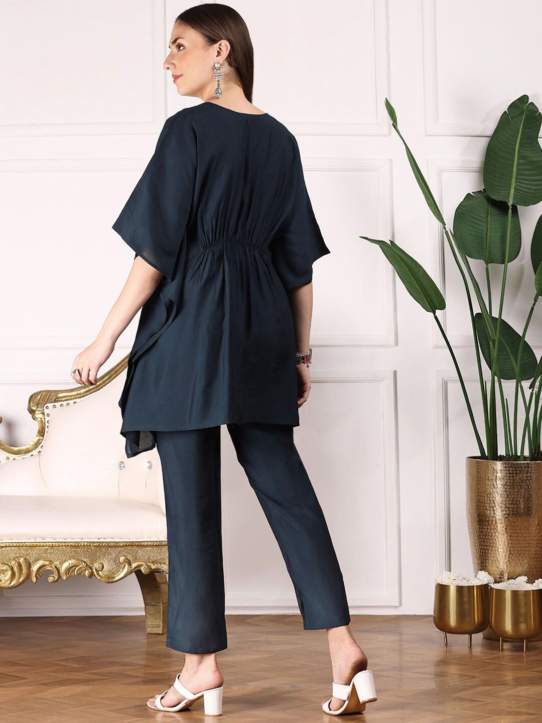 Dhiyona IS Women's Navy Blue Kimono Sleeve Asymmetric Kaftan Kurti with Trousers
