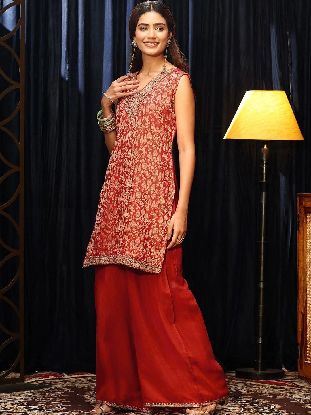 Orange Woven Design Silk Blend Palazzo Suit Set