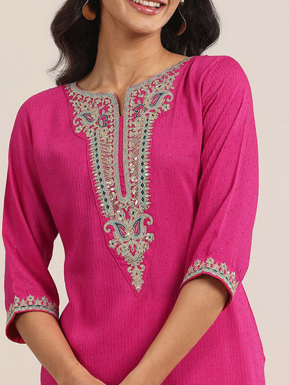 Floral Yoke Design Sequnnied Straight Kurta With Trousers & Dupatta