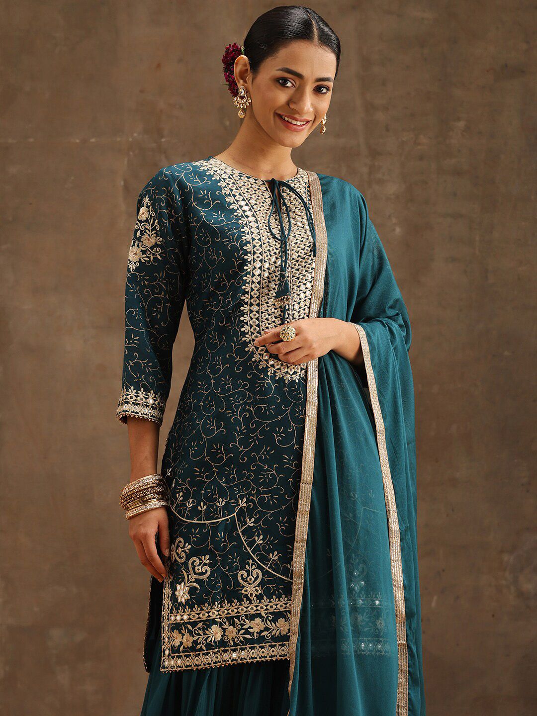 Dhiyona LL Womens Teal Yoke Design Straight Kurta With Sharara & Dupatta
