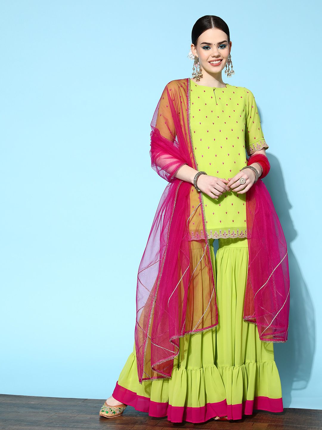 Dhiyona IN Women Green Ethnic Motifs Embroidered Thread Work Kurta with Sharara & Dupatta