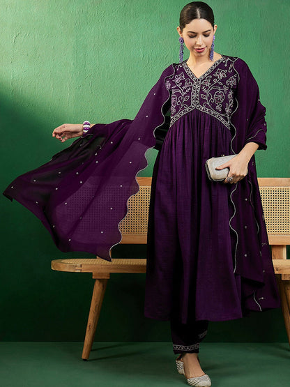 Alia Cut Ethnic Motifs Embroidered V-Neck A-line Kurta & Trousers With Dupatta