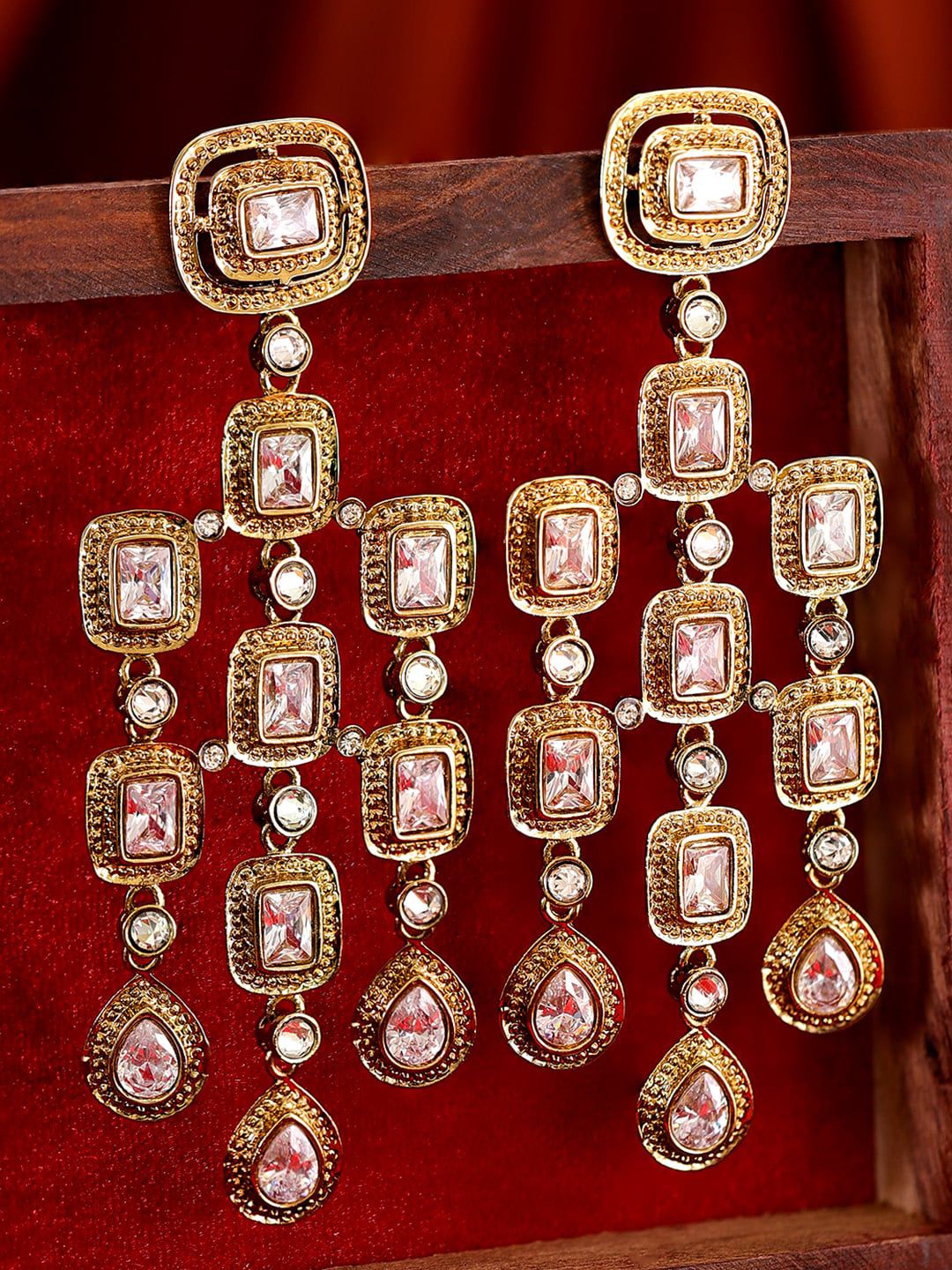 Dhiyona RJ Women's 22K Gold Plated Zirconia Studded Antique Light Gold-Tone Premium Chandelier Earring