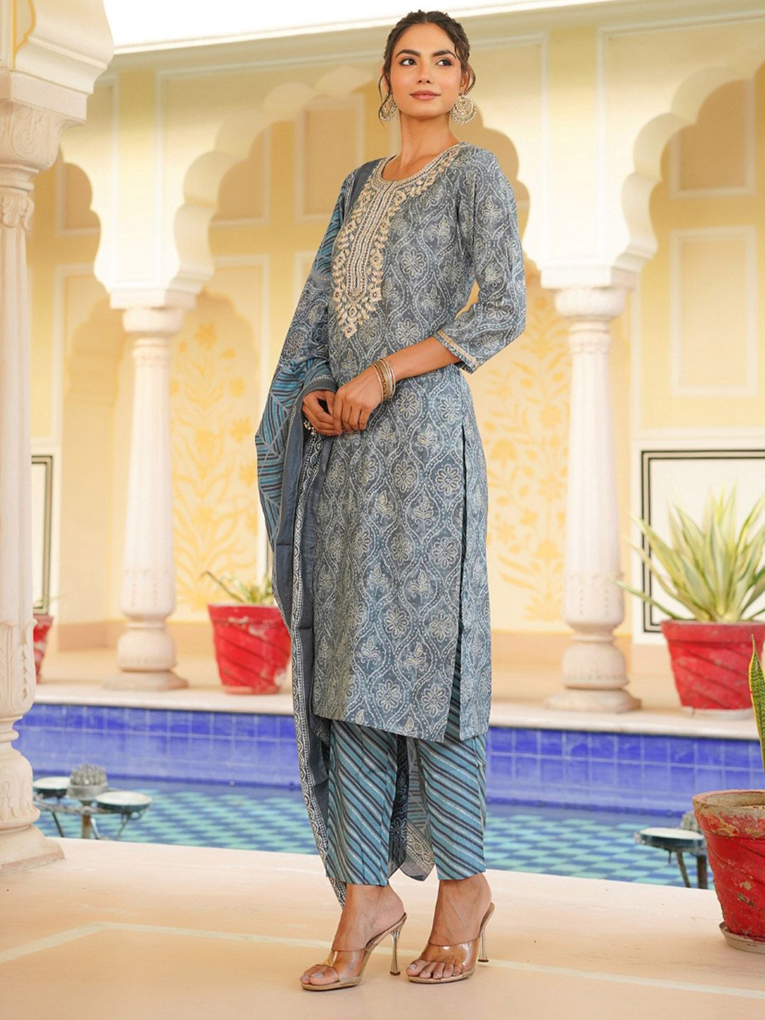 Dhiyona KL Women Ethnic Motifs Embroidered Regular Mirror Work Kurta with Trousers & Dupatta