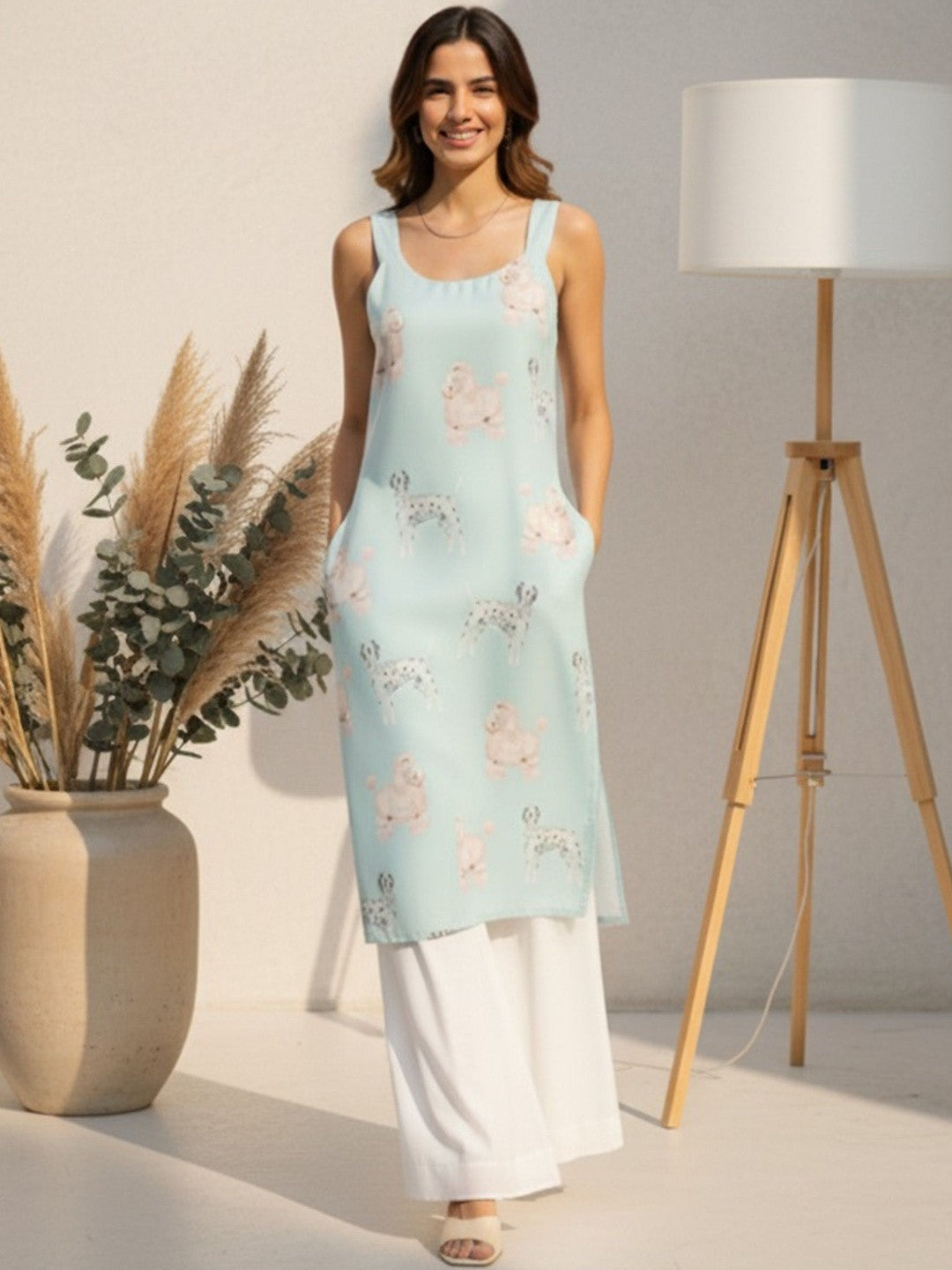 Animal Printed Satin Sleeveless Straight Kurta With Trousers