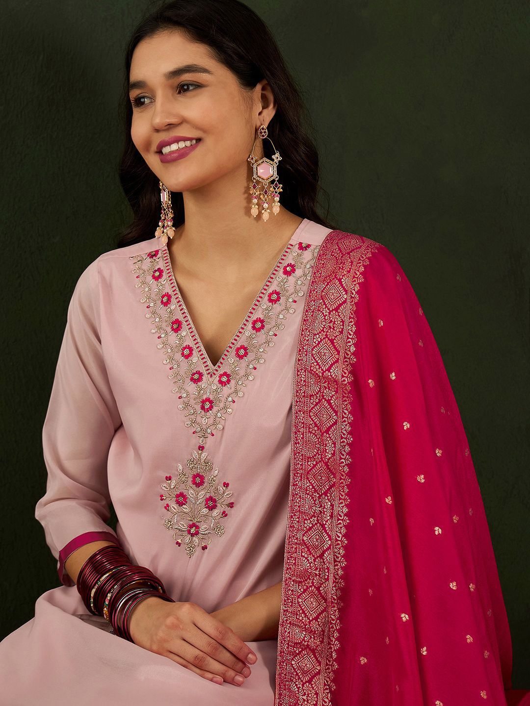 Dhiyona SN Peach Floral Embroidered V-Neck Straight Kurta With Palazzo & Dupatta