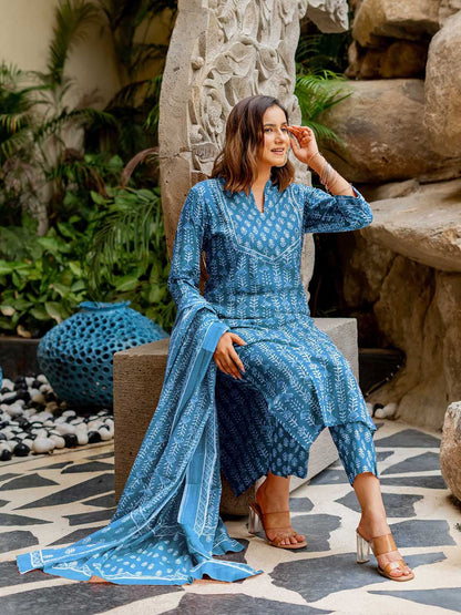 Dhiyona KL Ethnic Motifs Printed Gotta Patti Pure Cotton Kurta With Trousers & Dupatta