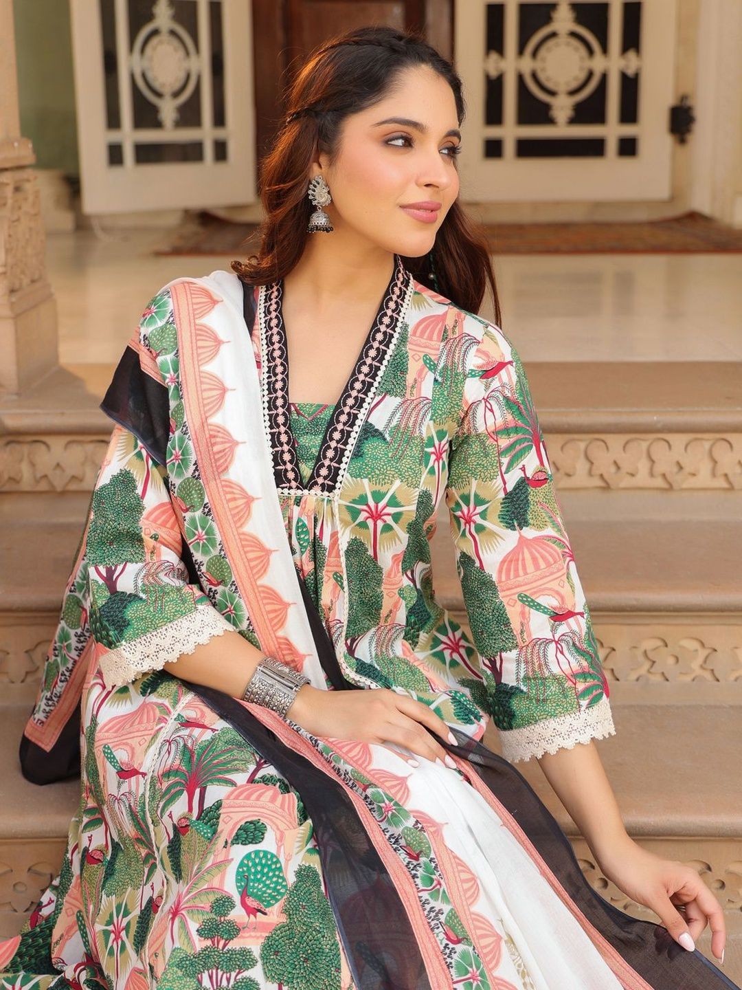Dhiyona RR Women's Floral Printed Cotton Anarkali Kurta with Trousers & Dupatta