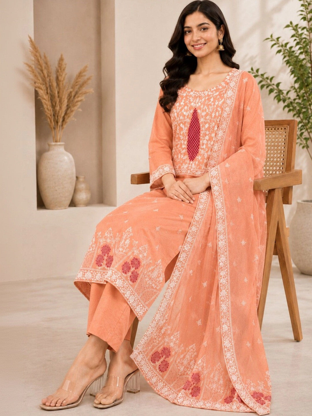 Women Ethnic Motifs Embroidered Regular Thread Work Pure Cotton Kurta with Trousers & With Dupatta