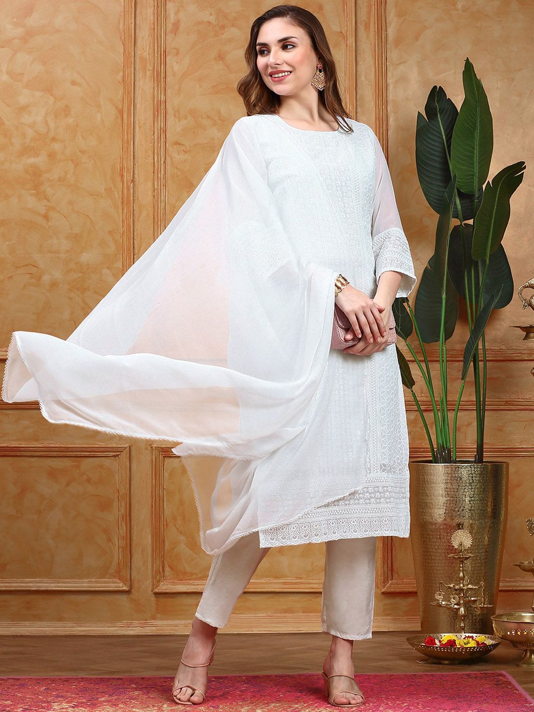 Dhiyona IS Women's Paisley Embroidered Regular Chikankari Kurta with Trousers & With Dupatta