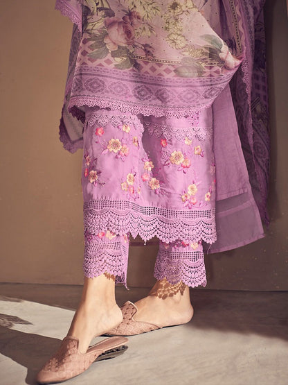 Dhiyona IE Lavender Floral Embroidered Thread Work Kurta with Trousers & Dupatta