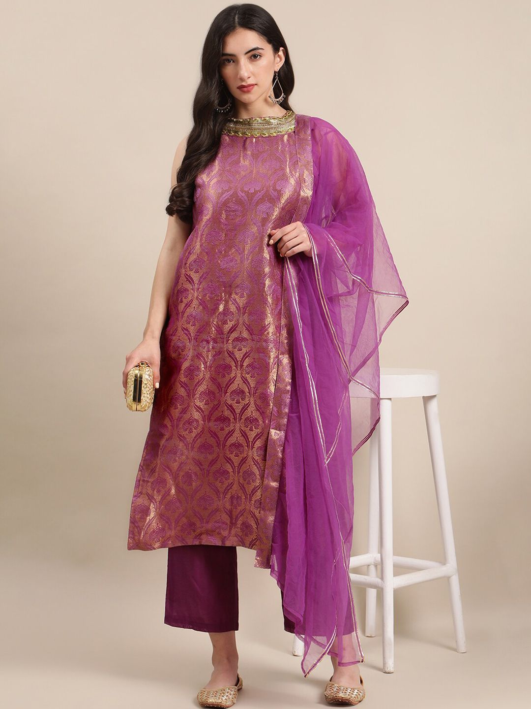 Dhiyona VA Women Purple Ethnic Motifs Woven Design Kurta With Palazzos & Dupatta