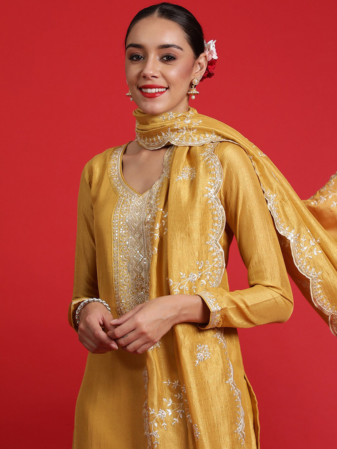 Floral Embroidered Sequinned Kurta With Trousers & Dupatta