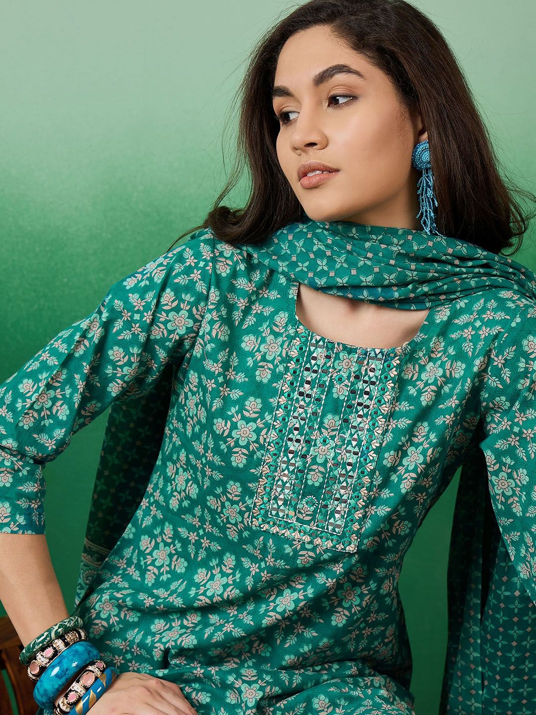 Dhiyona SN Women's Printed Pure Cotton Straight Kurta With Trousers & Dupatta