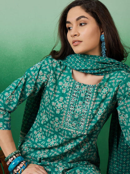 Dhiyona SN Women's Printed Pure Cotton Straight Kurta With Trousers & Dupatta