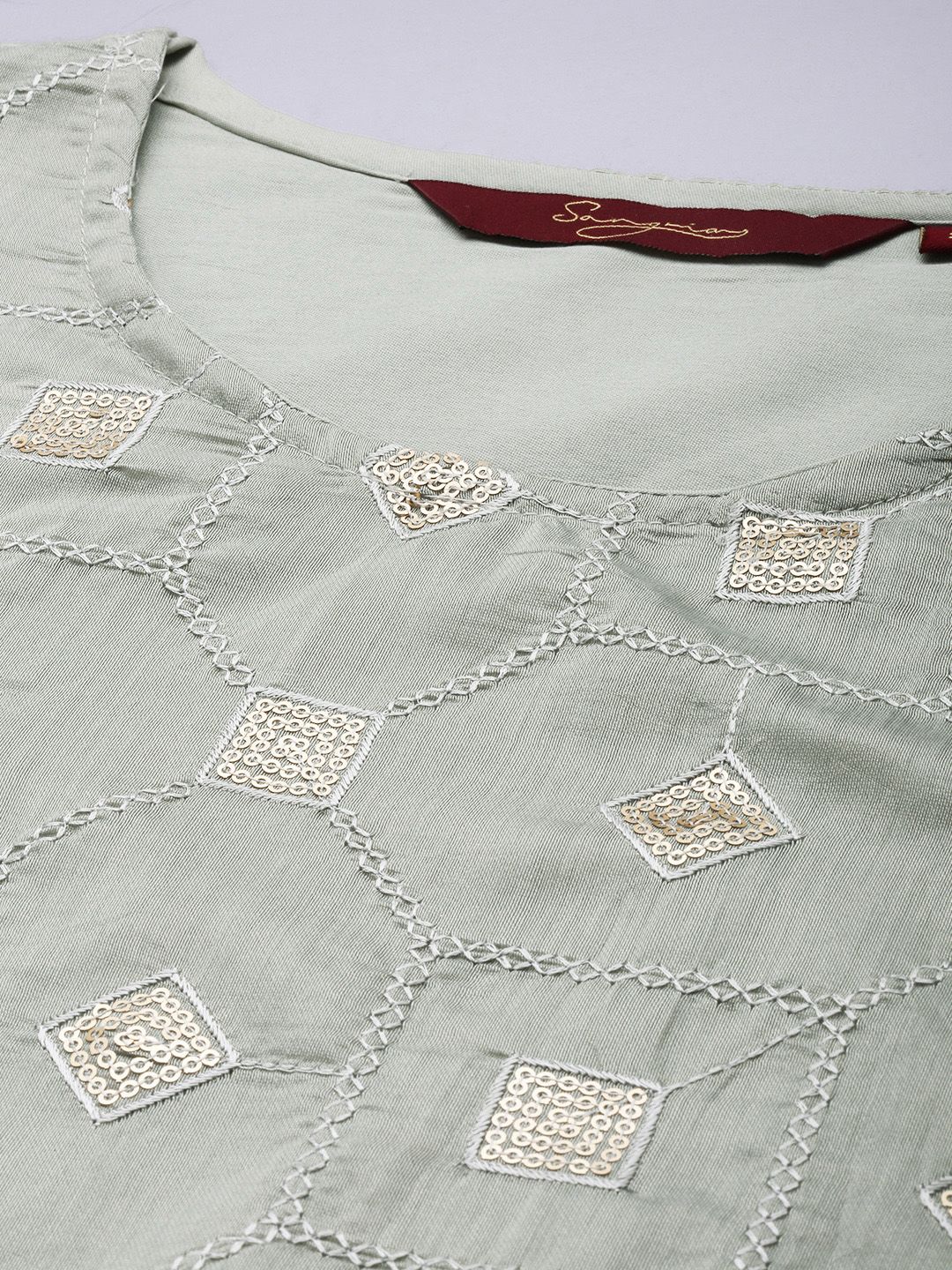 Dhiyona SN Women Grey Ethnic Motifs Embroidered Regular Sequinned Chanderi Silk Kurta with Palazzos & With
