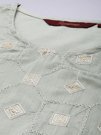 Dhiyona SN Women Grey Ethnic Motifs Embroidered Regular Sequinned Chanderi Silk Kurta with Palazzos & With