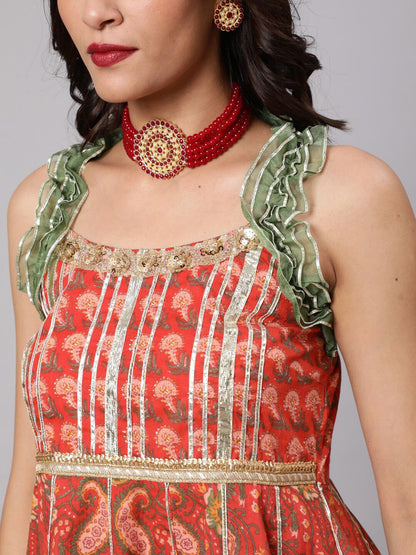 Dhiyona AN Ethnic Motifs Printed Empire Gotta Patti Pure Cotton A-Line Kurta with Sharara