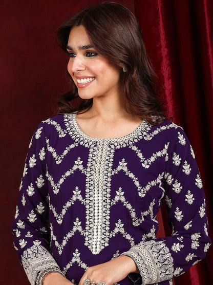 Dhiyona LL Embroidered Mirror Work Round Neck Kurta With Palazzos & Dupatta