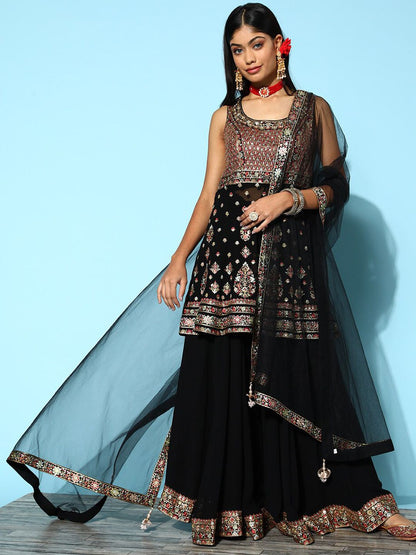 Dhiyona LL Floral Embroidered Empire Sequinned Kurti With Palazzos & With Dupatta