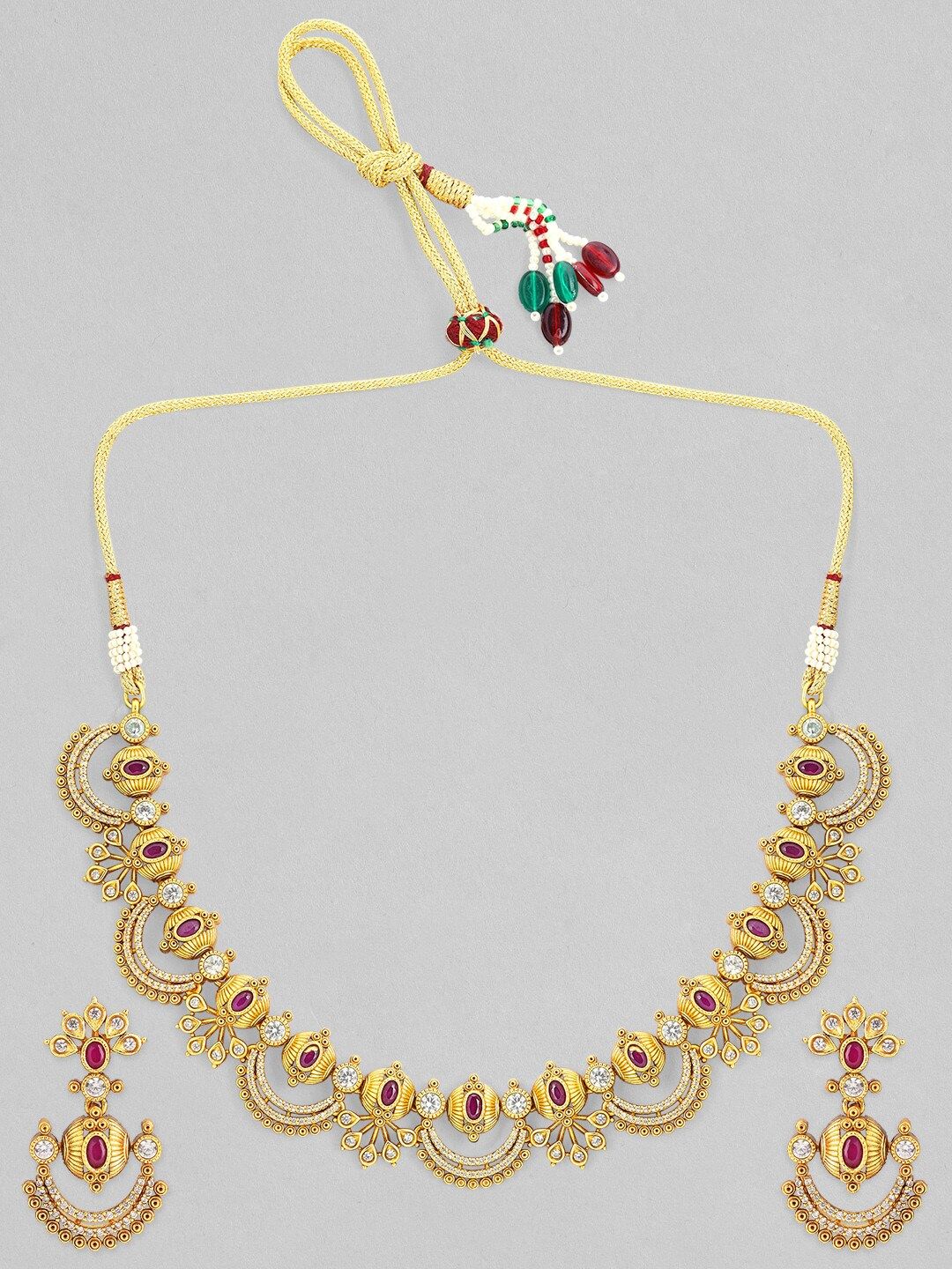 Dhiyona RJ Women's 24K Gold-Plated Ruby Pink & Cubic Zirconia Studded Temple Necklace Set
