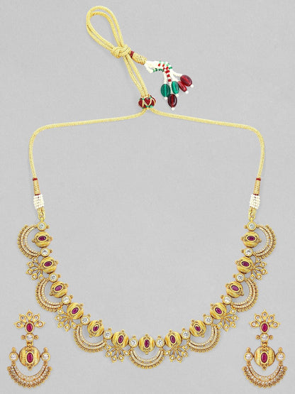 Dhiyona RJ Women's 24K Gold-Plated Ruby Pink & Cubic Zirconia Studded Temple Necklace Set