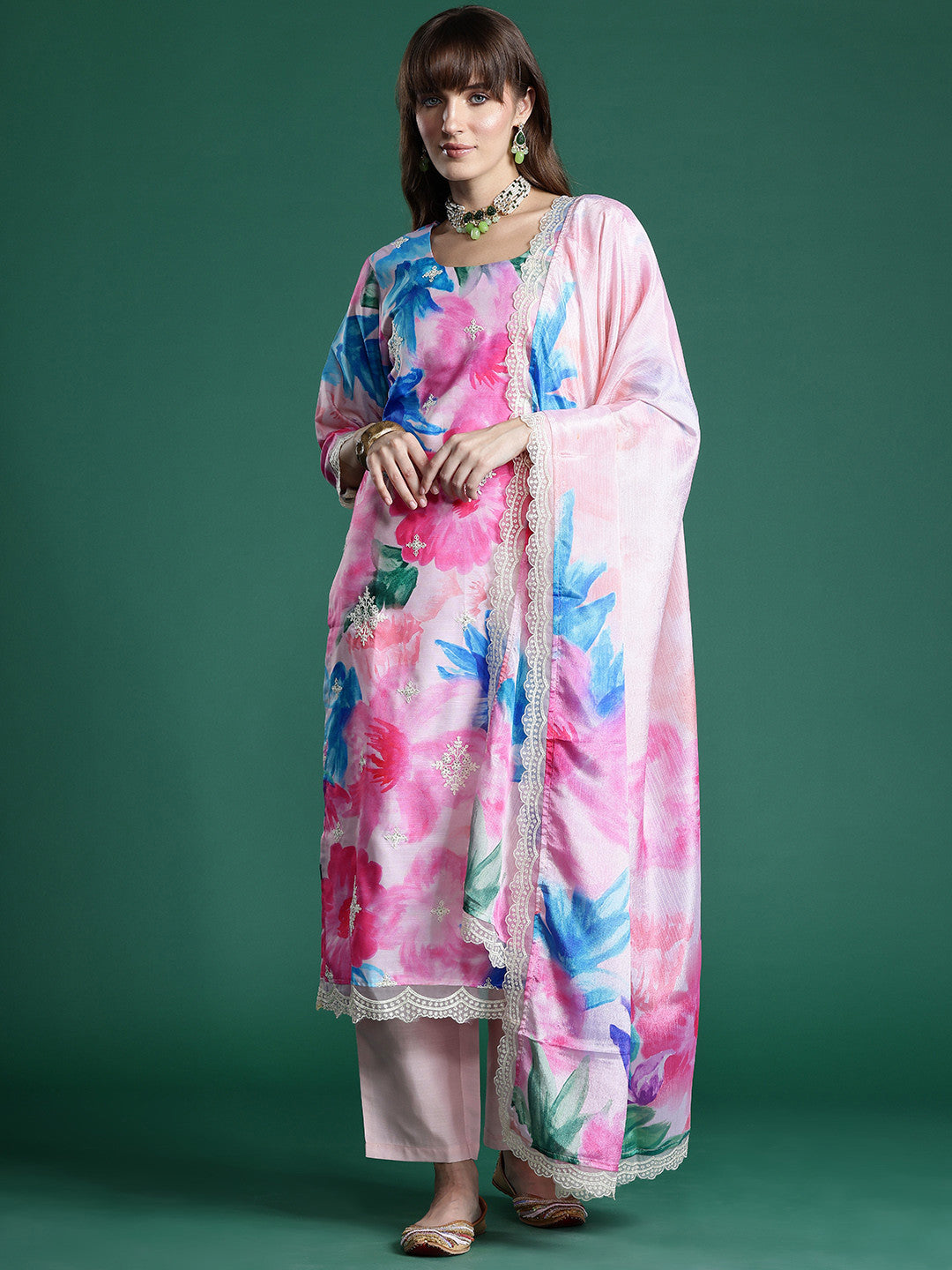Floral Embroidered Empire Thread Work Kurta With Trousers & Dupatta