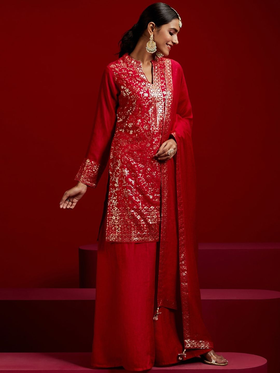 Dhiyona LL Floral Embroidered Sequinned Kurta with Palazzos & Dupatta