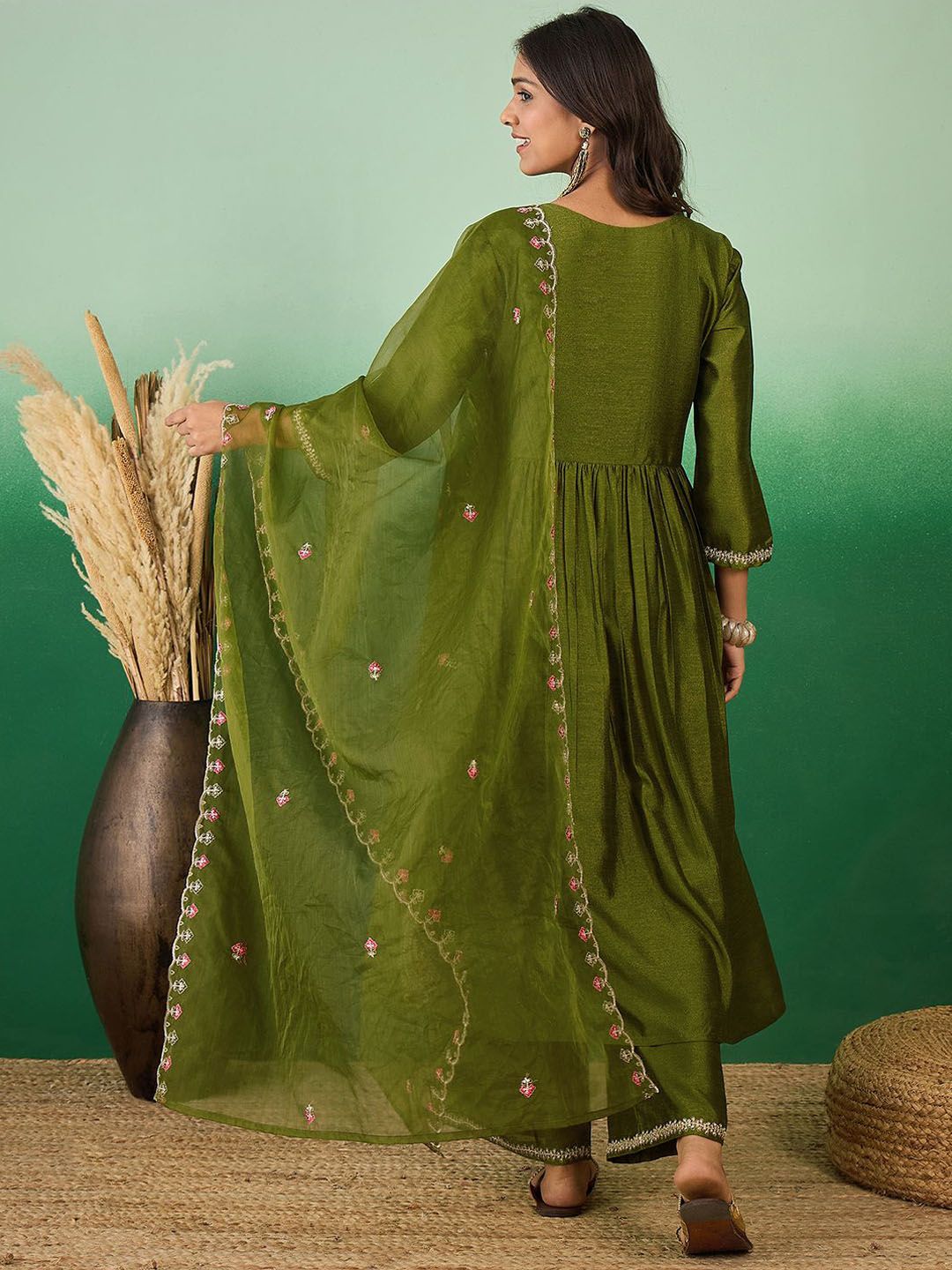 Dhiyona SN Women's Olive Green Zari Sequence Embroidered A-Line Kurta With Palazzos & Dupatta