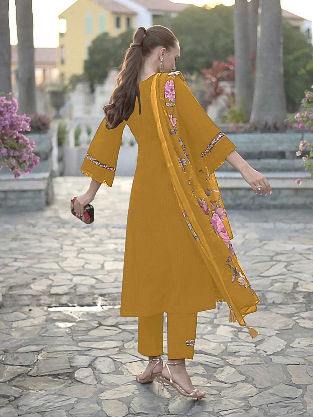 Striped Thread Work Pure Cotton Bell Sleeves Straight Kurta & Trousers & Dupatta