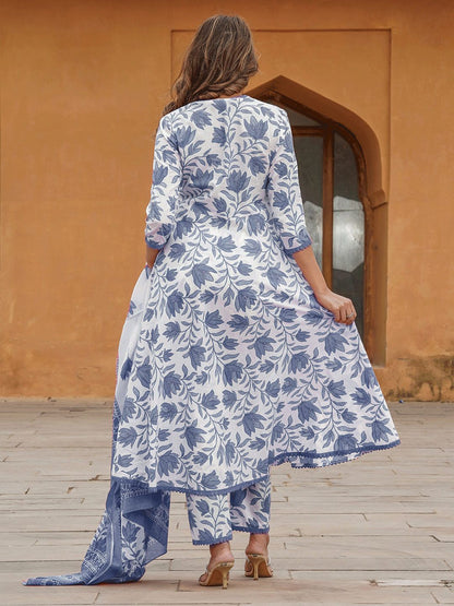 Dhiyona KL Floral Printed Regular Pure Cotton Kurta & Trousers With Dupatta