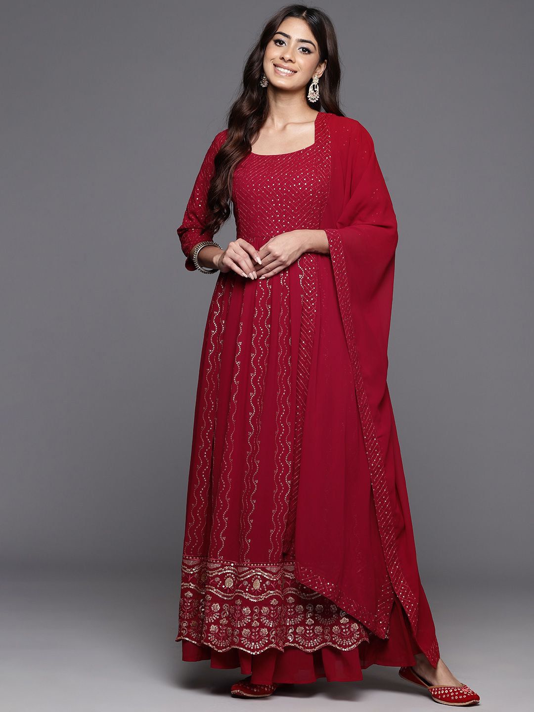 Dhiyona LL Women Ethnic Motifs Embroidered Pleated Sequinned Kurta with Palazzos & With Dupatta