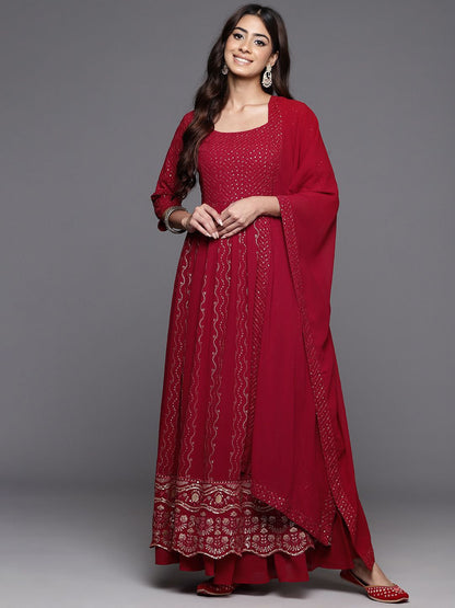 Dhiyona LL Women Ethnic Motifs Embroidered Pleated Sequinned Kurta with Palazzos & With Dupatta