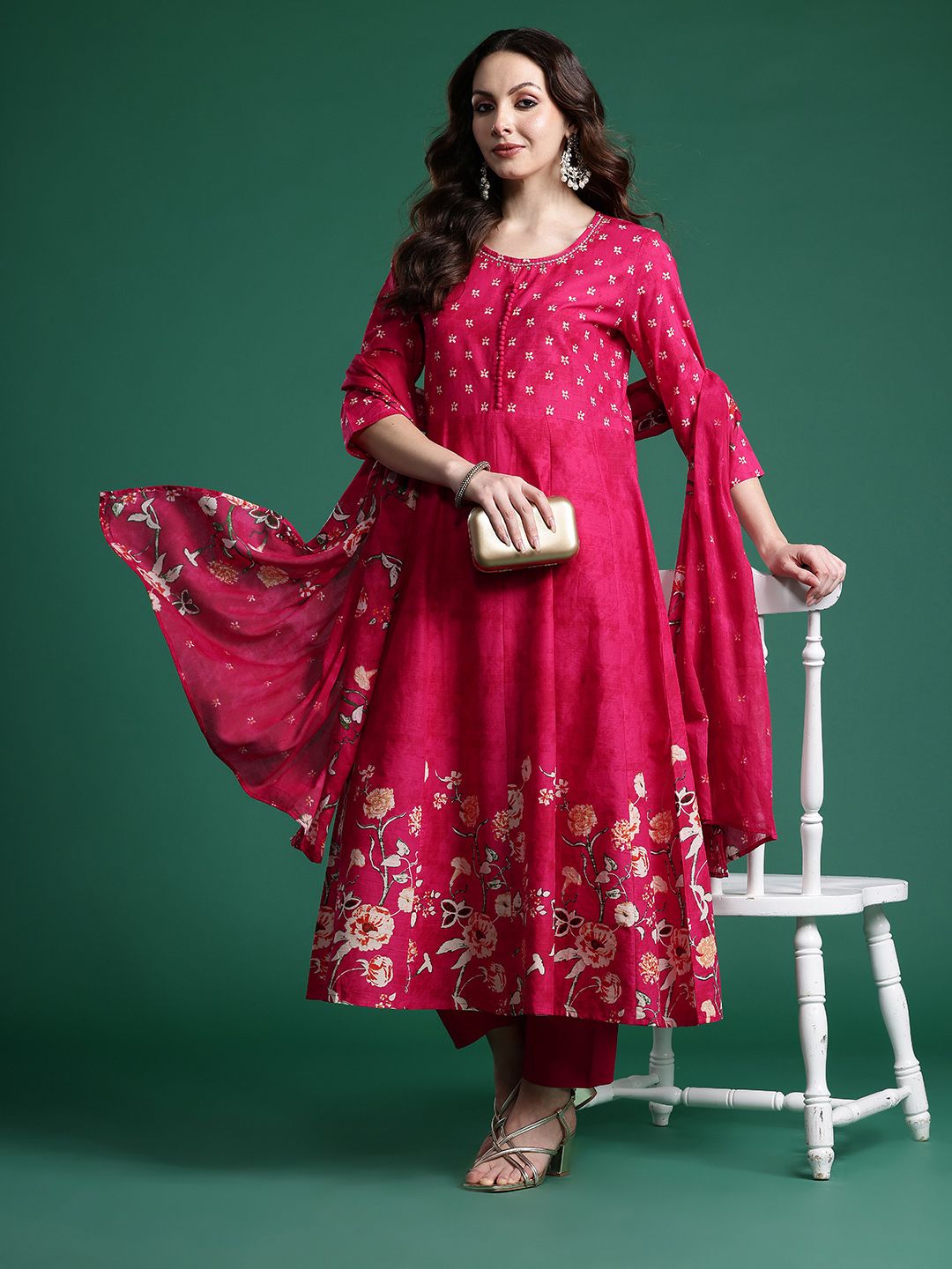 Dhiyona IE Floral Printed Pure Cotton Kurta with Trousers & Dupatta