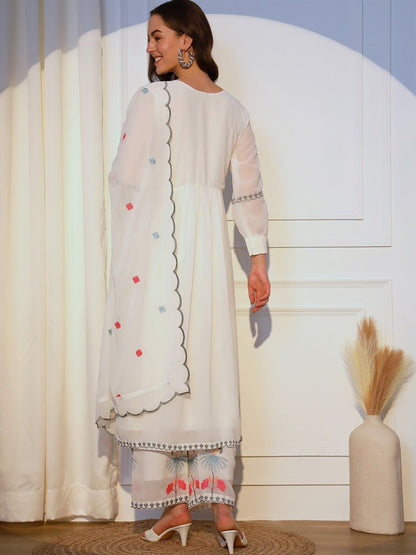Dhiyona KL Floral Embroidered Pleated Straight Kurta with Palazzos & Dupatta