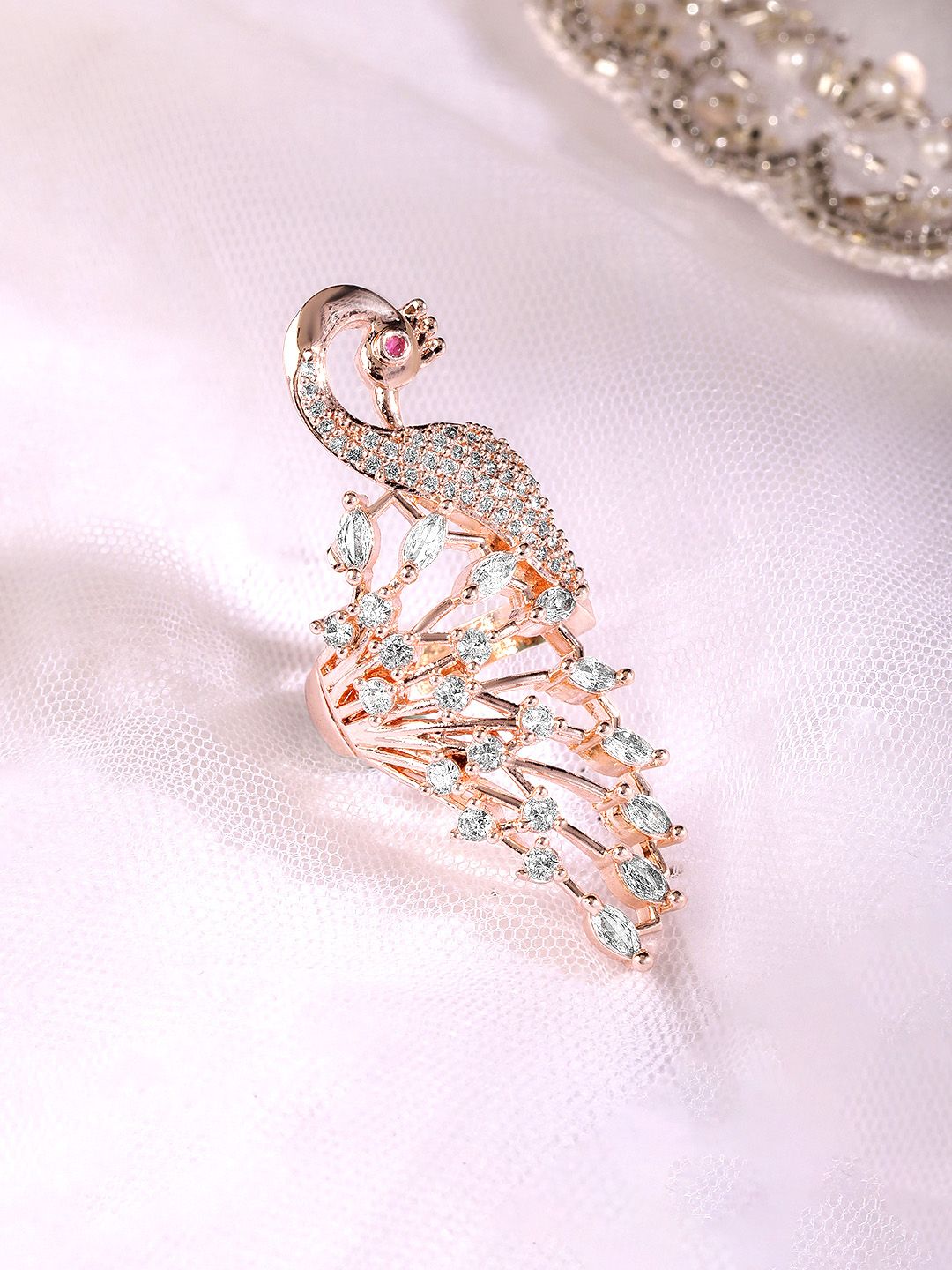Dhiyona RJ Women's 18K Rose Gold-Plated Peacock Design Cubic Zirconia Studded Finger Ring