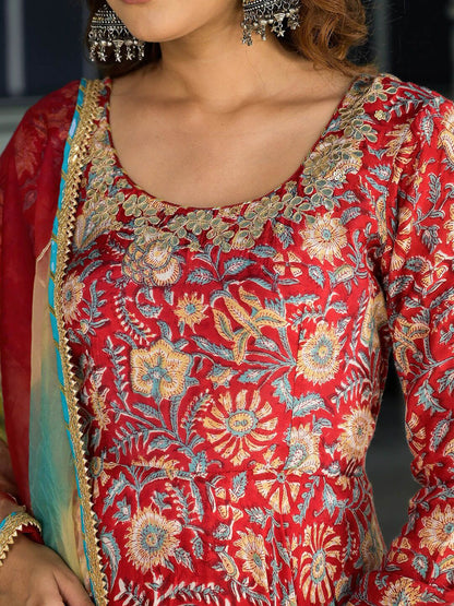 Dhiyona KL Floral Printed Thread Work Anarkali Kurta & Trousers With Dupatta