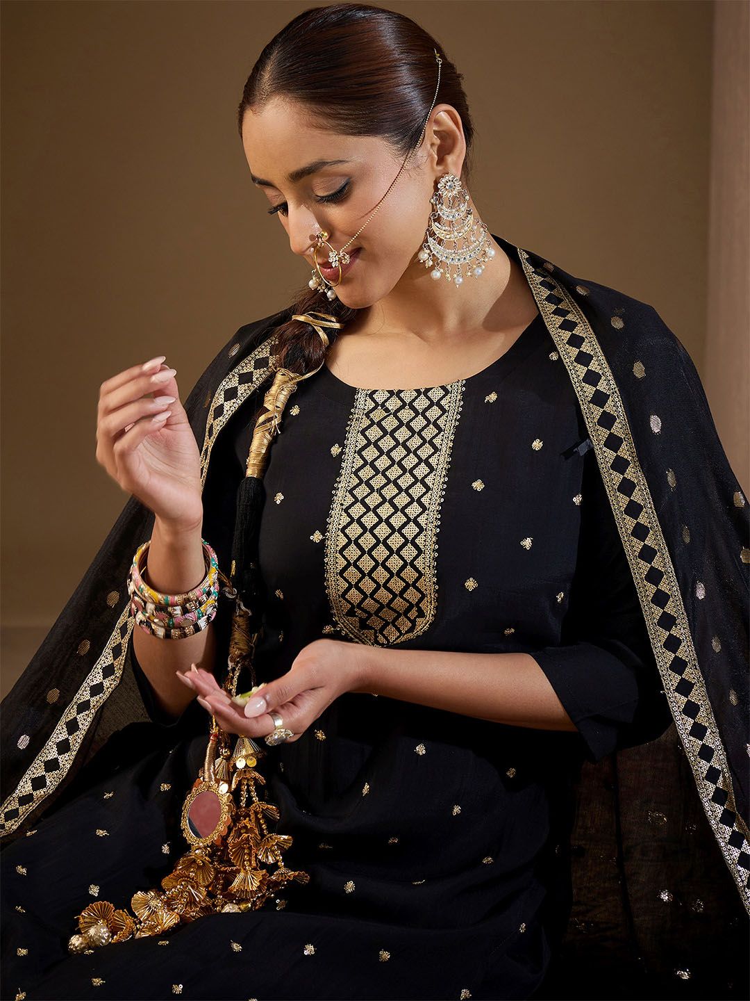 Dhiyona IE Women Ethnic Motifs Embroidered Regular Sequinned Kurta with Trousers & With Dupatta