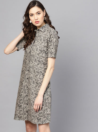 Dhiyona AY Women's Grey & Black Printed Shirt Dress