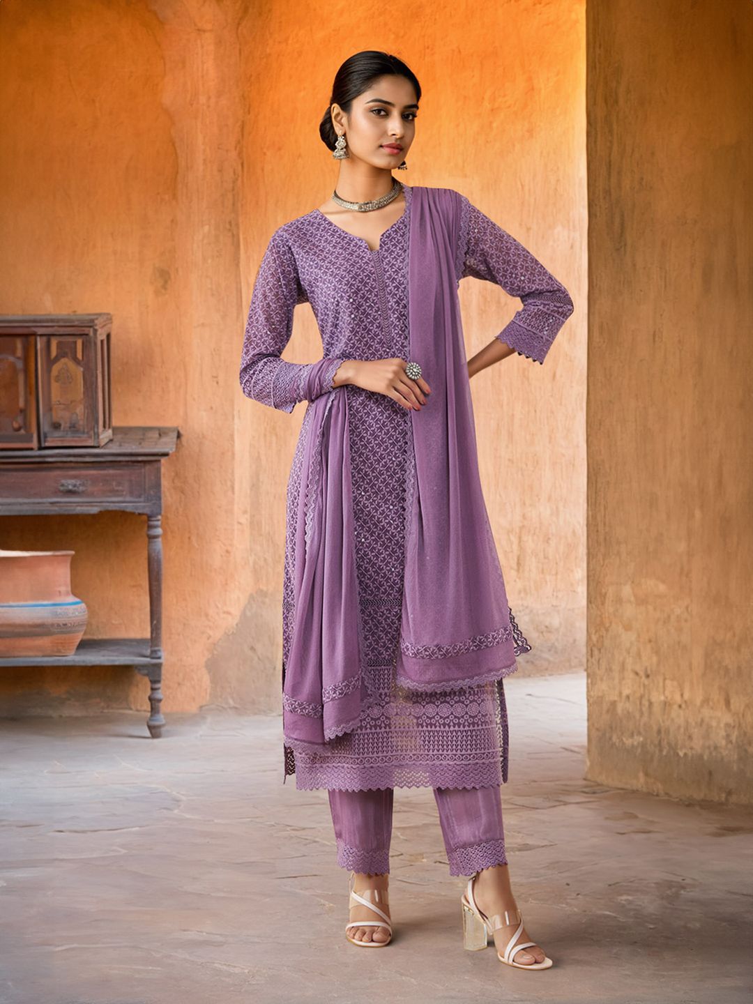 Dhiyona SO Women's Ethnic Motifs Embroidered Straight Kurta & Trousers With Dupatta